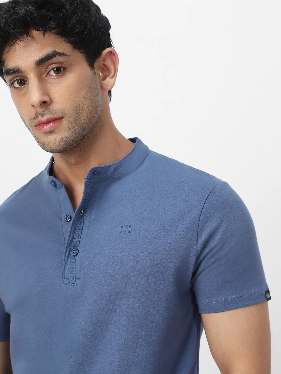Men's Indigo Blue Solid Mandarin Collar Slim Fit Half Sleeve Cotton T-Shirt - Image 5