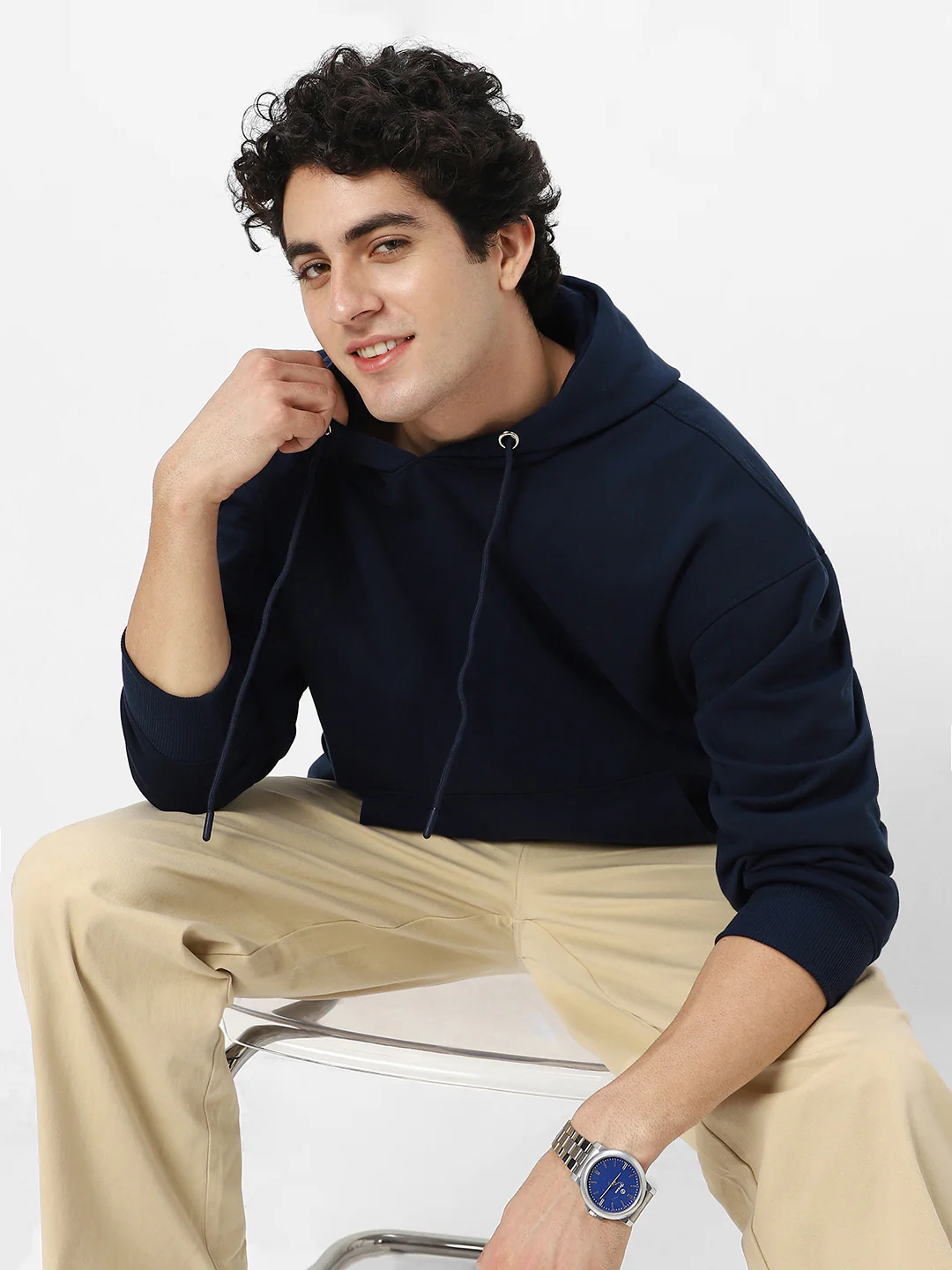 Men's Iris Navy Cotton Solid Oversized Hooded Neck Sweatshirt - Image 5