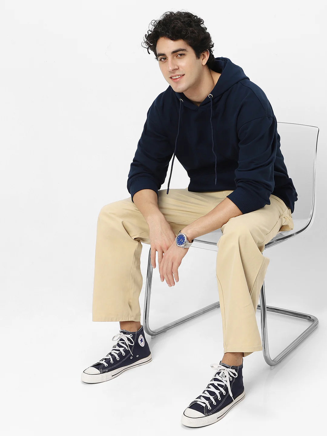 Men's Iris Navy Cotton Solid Oversized Hooded Neck Sweatshirt - Image 6