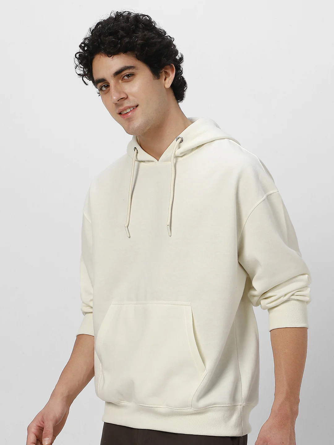 Men's Ivory Cotton Solid Oversized Hooded Neck Sweatshirt - Image 2