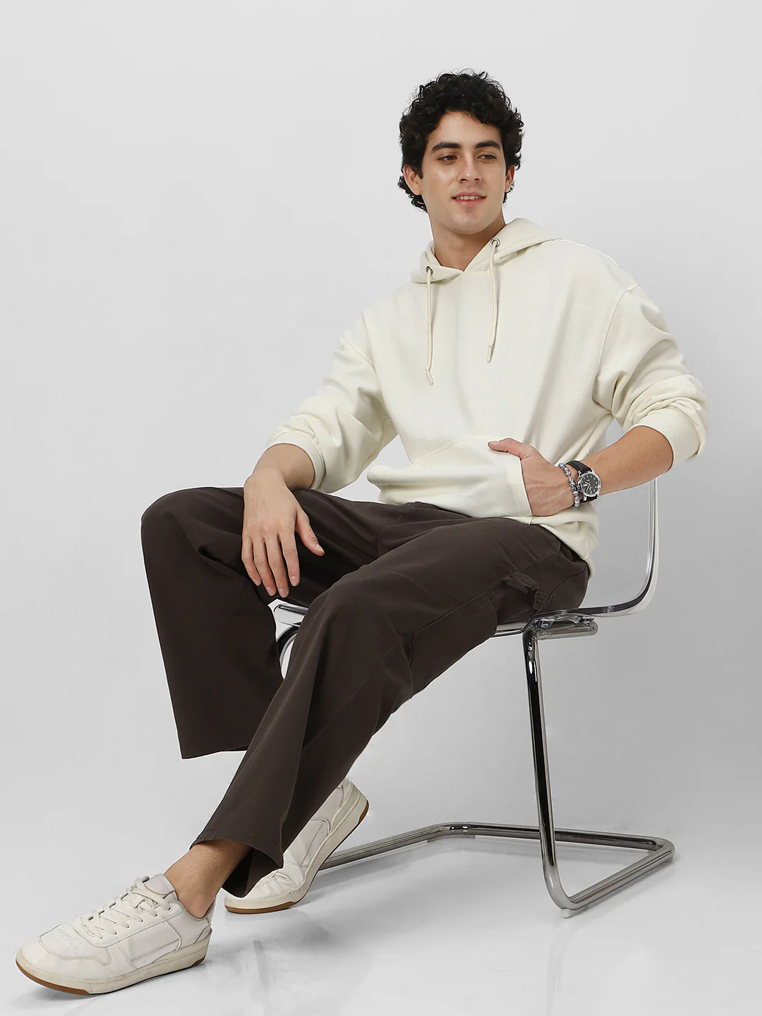Men's Ivory Cotton Solid Oversized Hooded Neck Sweatshirt - Image 4