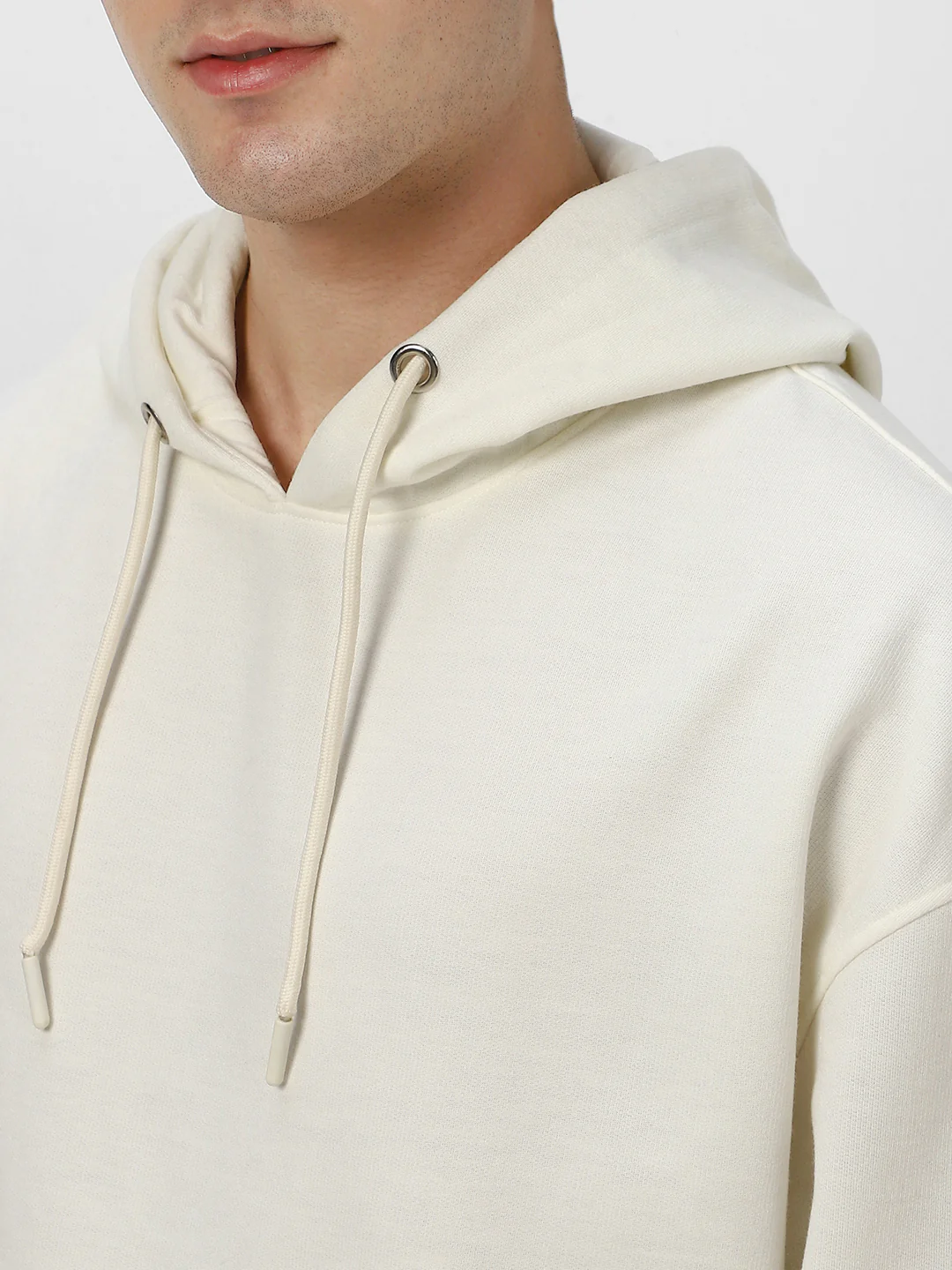 Men's Ivory Cotton Solid Oversized Hooded Neck Sweatshirt - Image 5