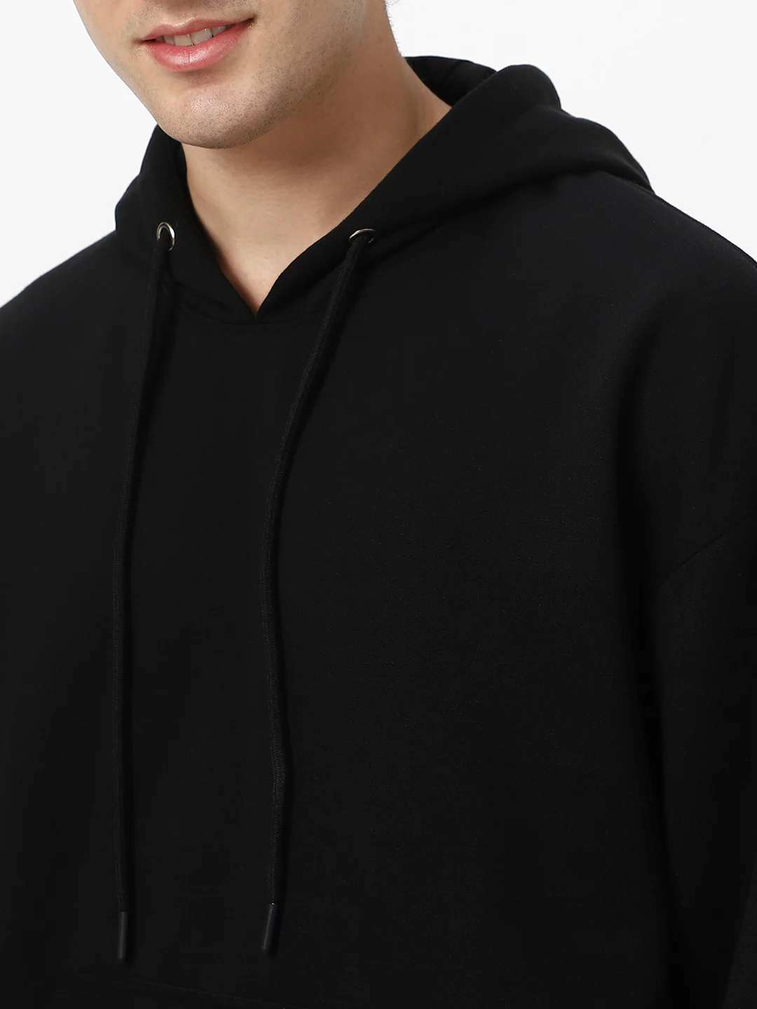 Men's Jet Black Cotton Solid Oversized Hooded Neck Sweatshirt - Image 5