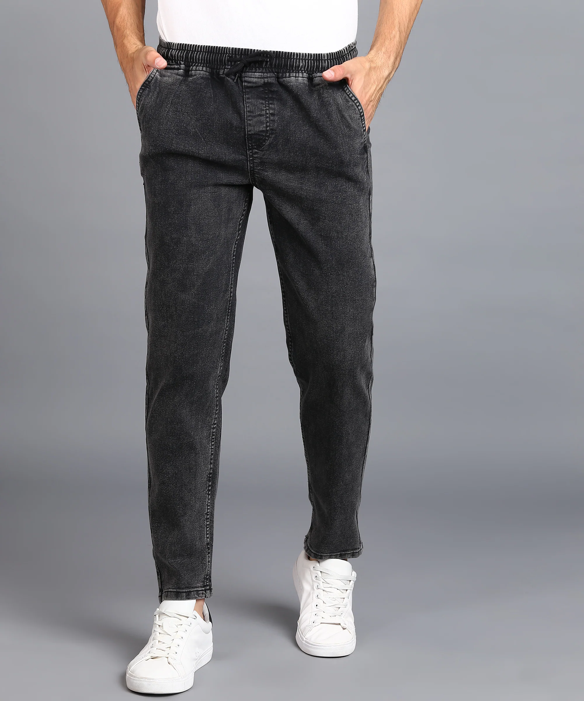 Men's Jet Black Regular Fit Washed Jogger Jeans Stretchable - Image 2