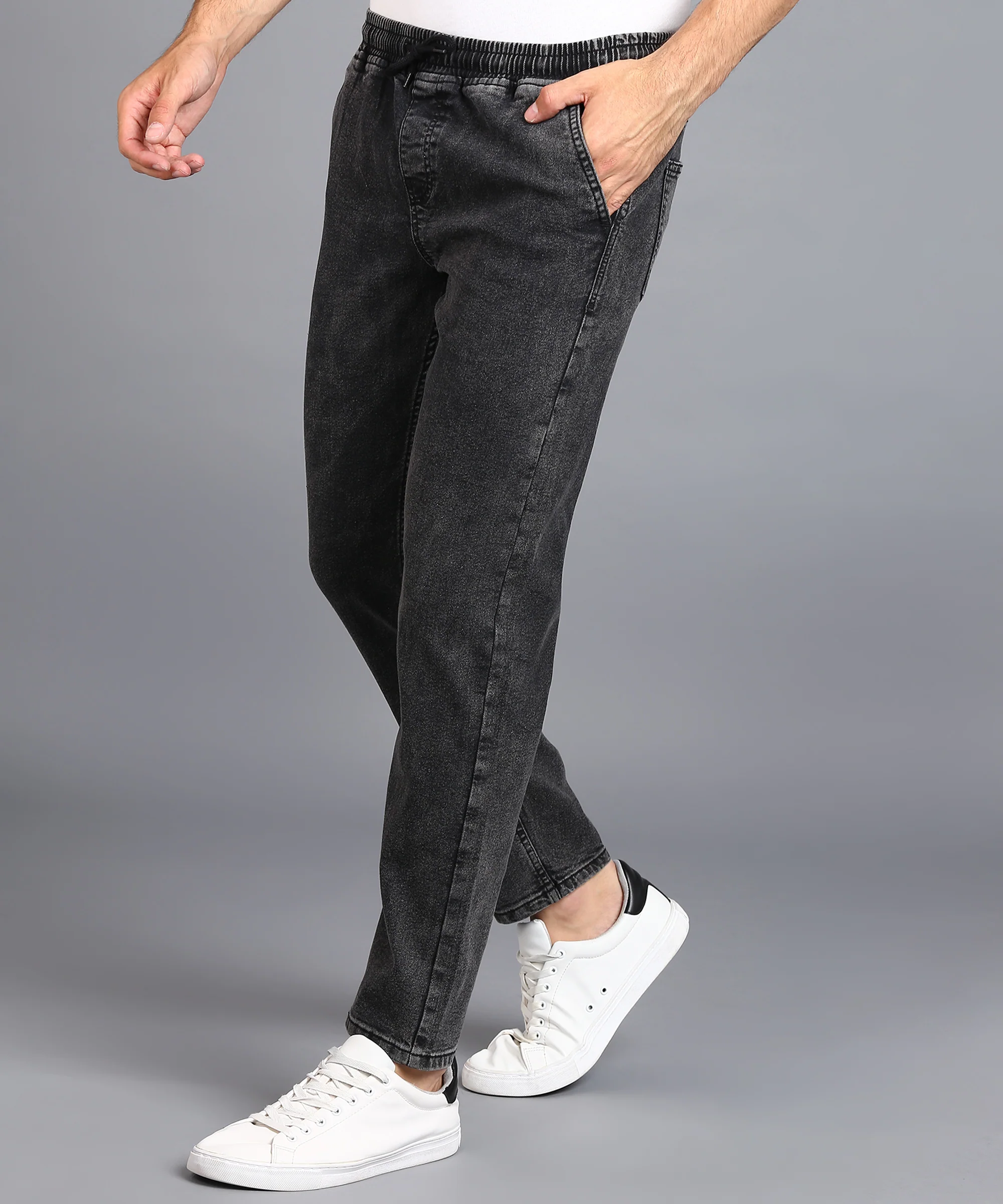Men's Jet Black Regular Fit Washed Jogger Jeans Stretchable - Image 3