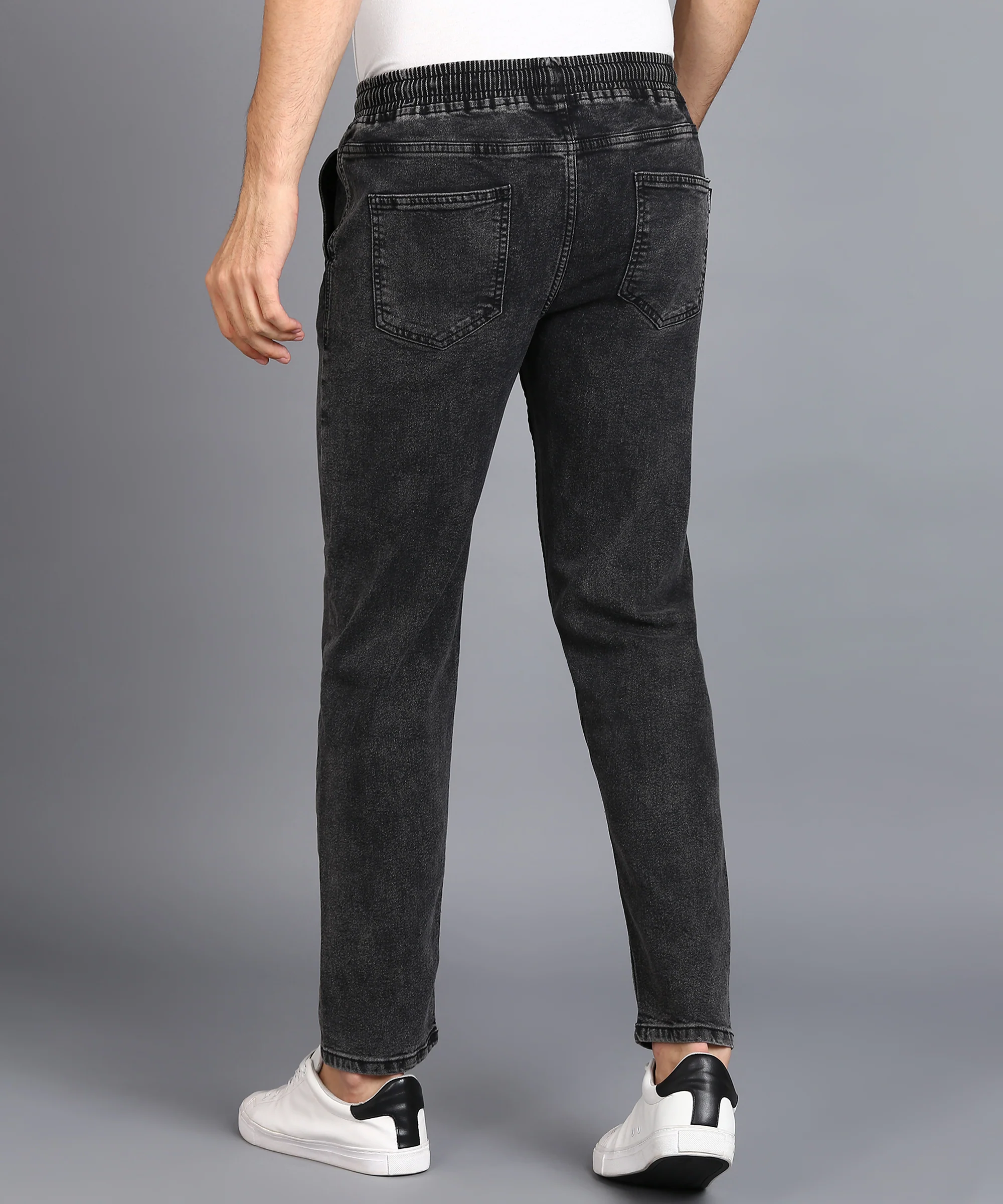 Men's Jet Black Regular Fit Washed Jogger Jeans Stretchable - Image 4