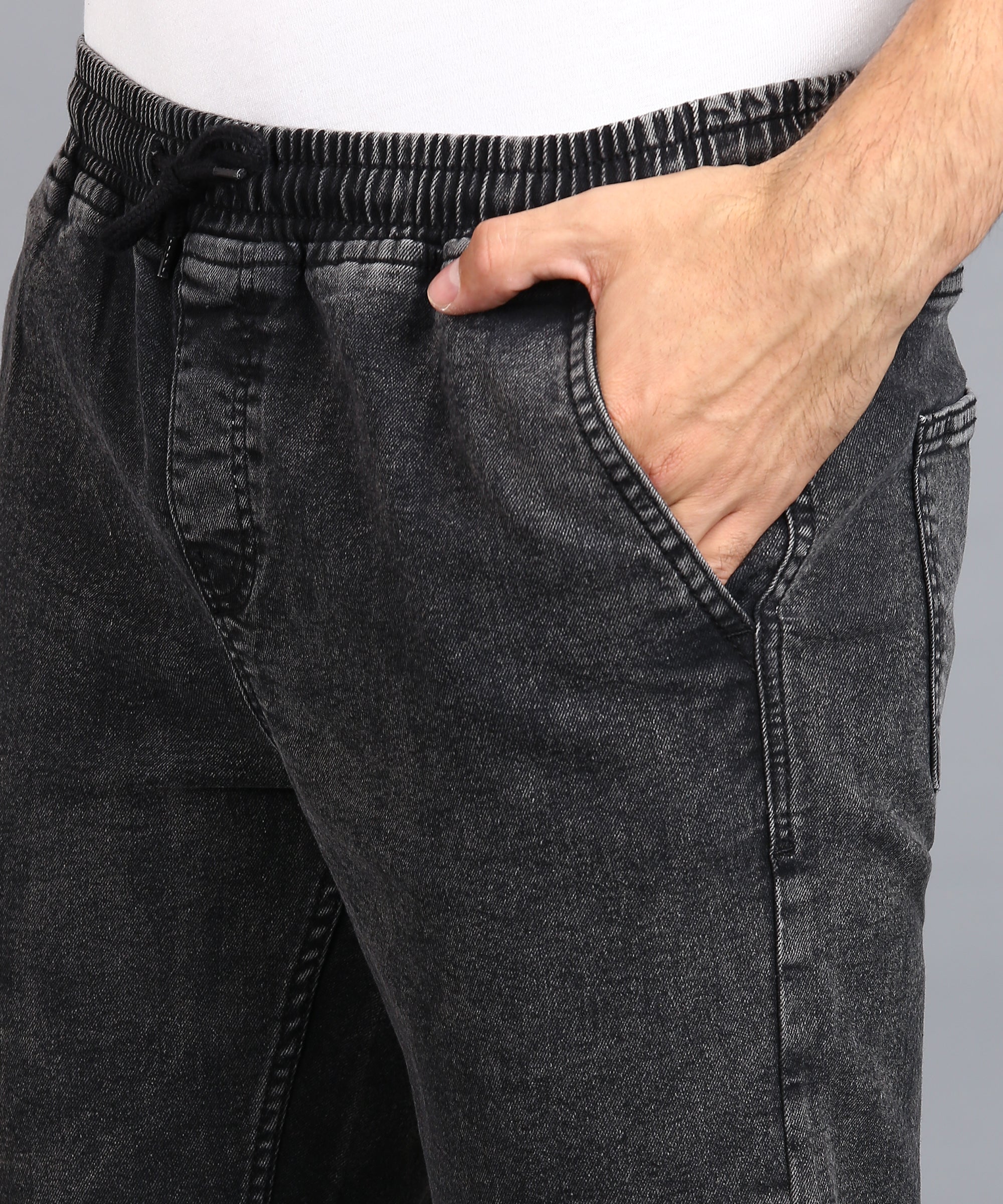 Men's Jet Black Regular Fit Washed Jogger Jeans Stretchable - Image 6