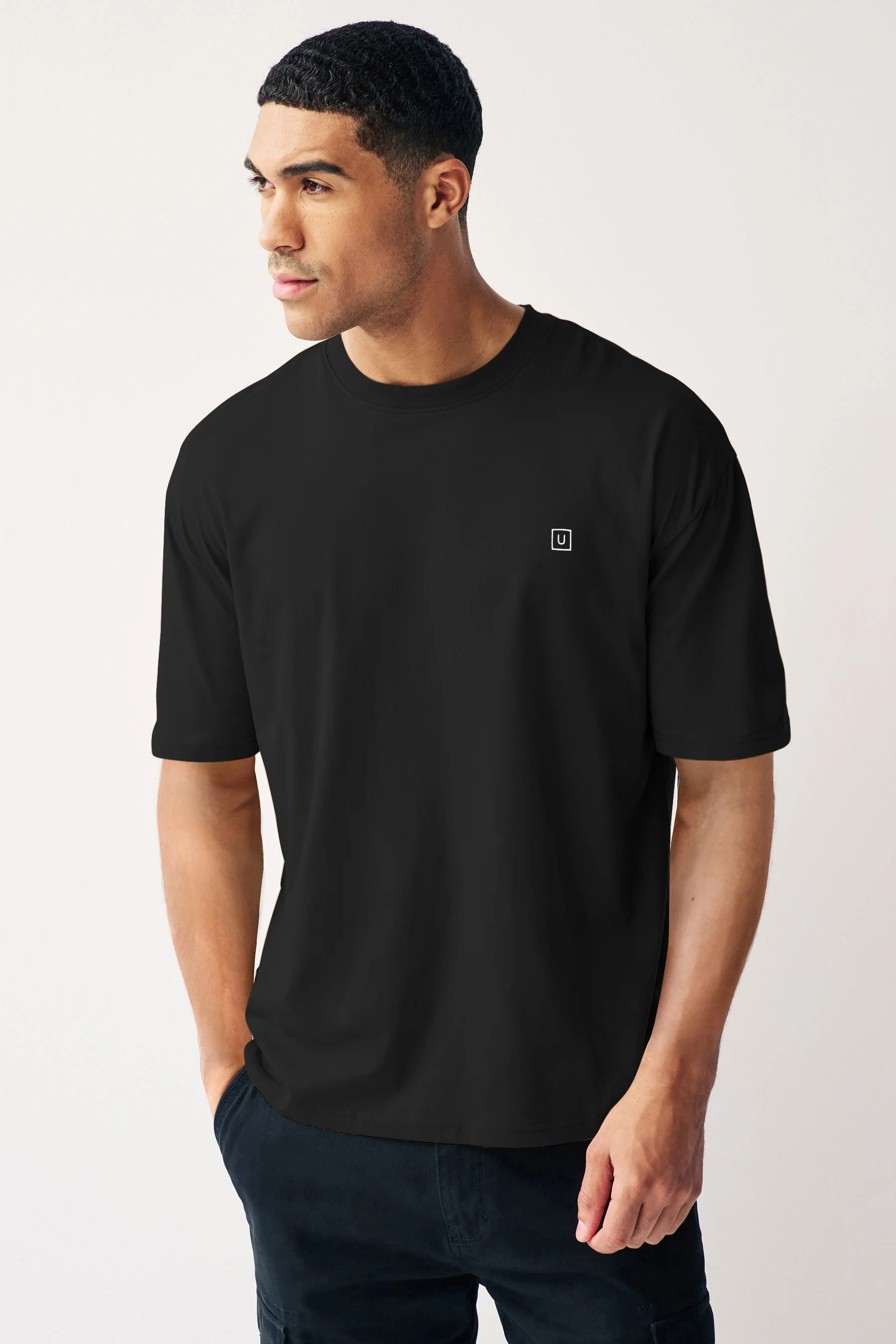 Men's Jet Black Solid Round Neck Oversized Half Sleeve Cotton T-Shirt - Image 2