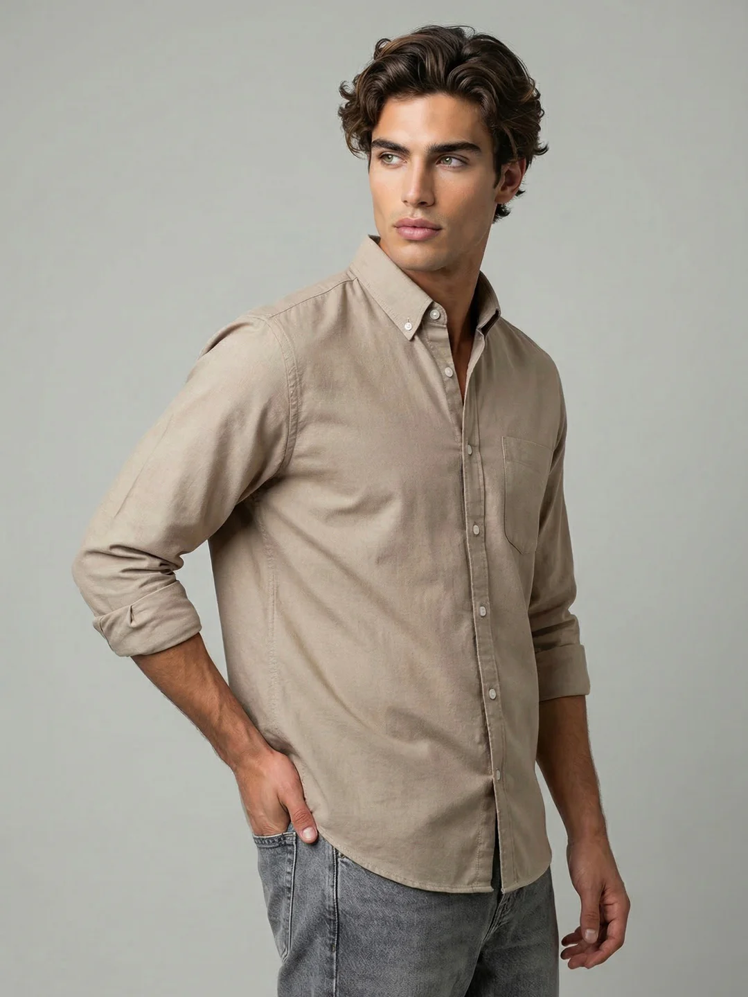 Men's Khaki Cotton Full Sleeve Regular Fit Solid Oxford Shirt With Button-Down Collar - Image 2