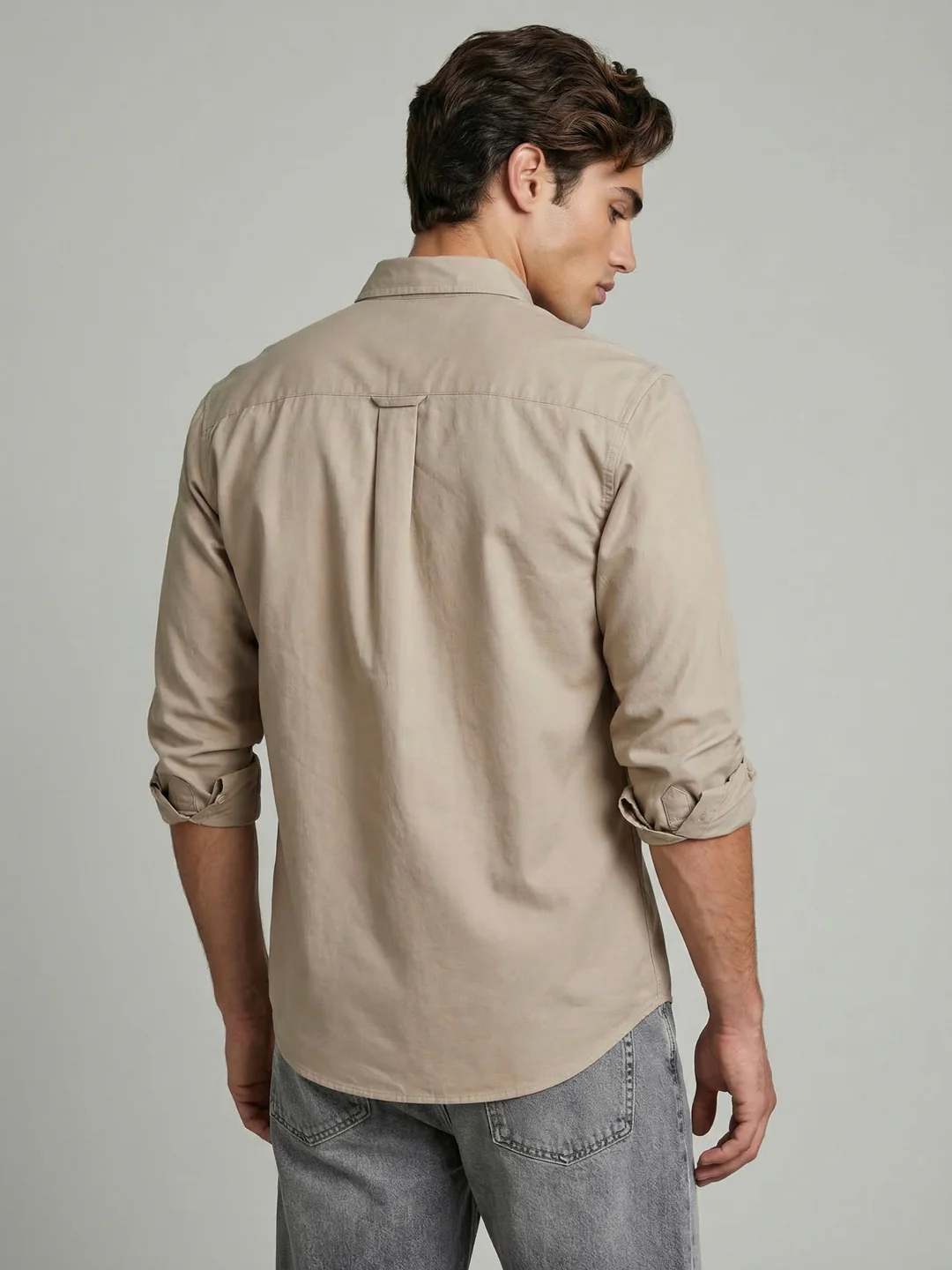 Men's Khaki Cotton Full Sleeve Regular Fit Solid Oxford Shirt With Button-Down Collar - Image 3