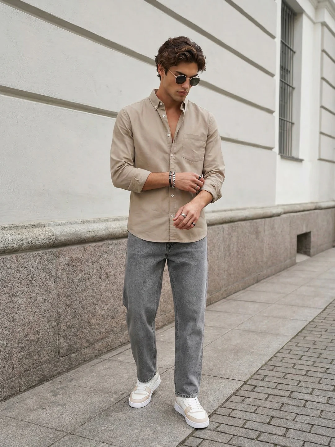 Men's Khaki Cotton Full Sleeve Regular Fit Solid Oxford Shirt With Button-Down Collar - Image 4