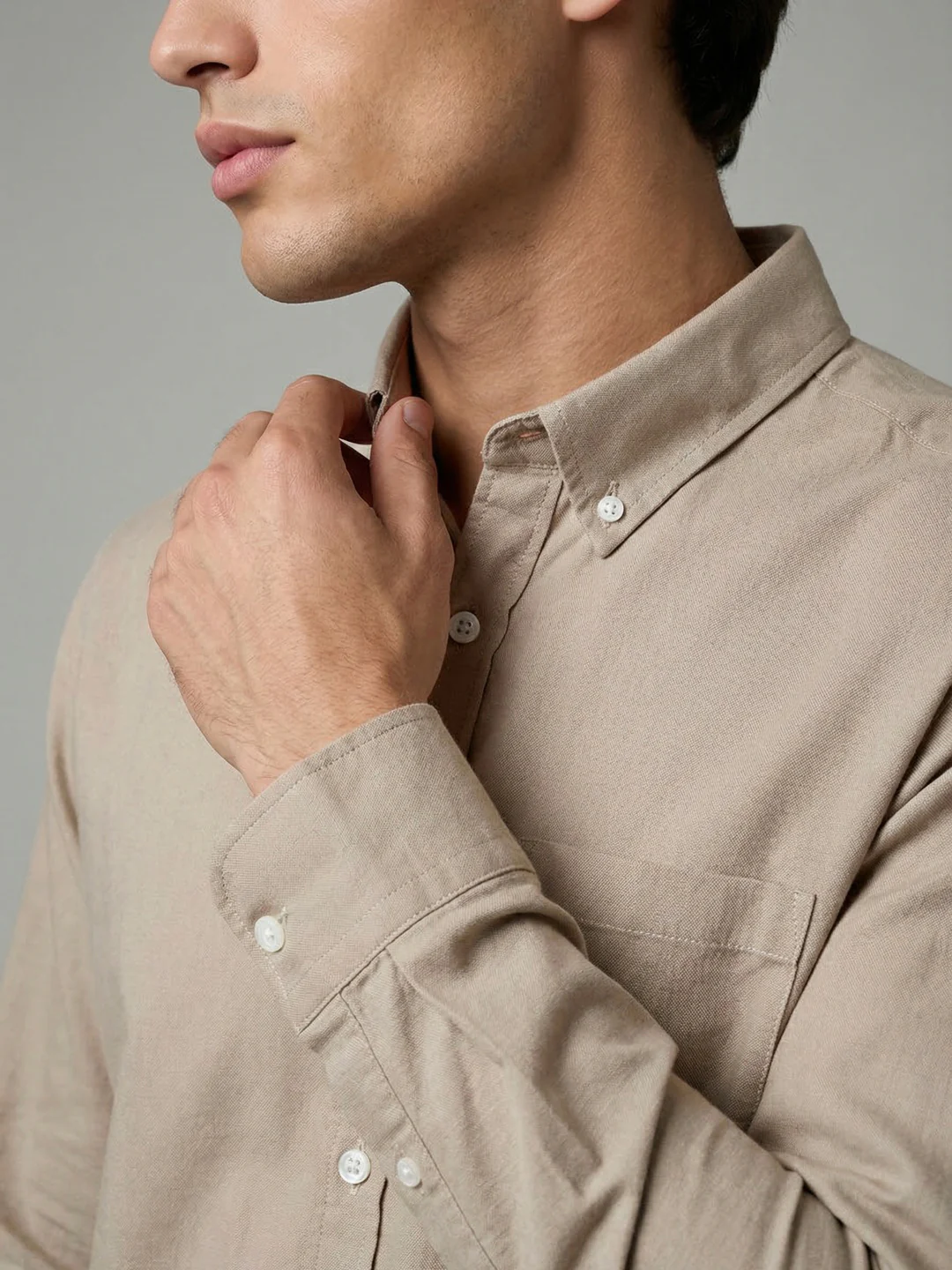Men's Khaki Cotton Full Sleeve Regular Fit Solid Oxford Shirt With Button-Down Collar - Image 5