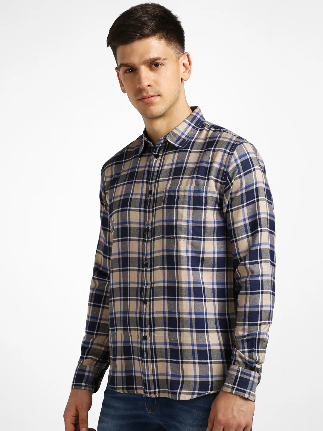 Men's Khaki Cotton Full Sleeve Slim Fit Casual Checkered Shirt - Image 2