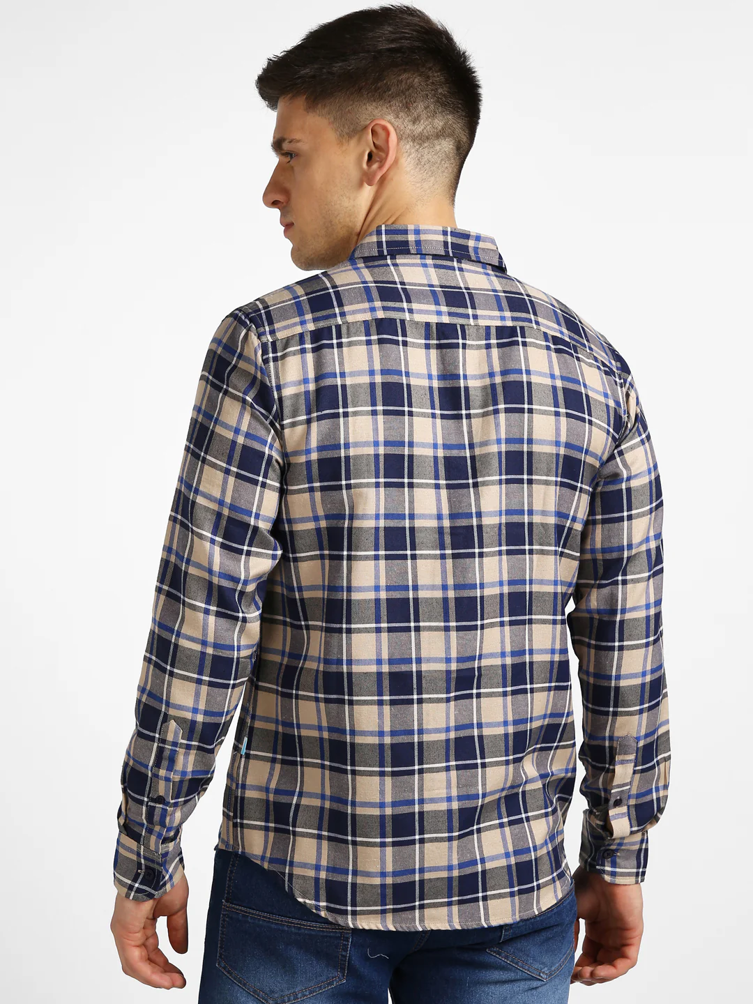 Men's Khaki Cotton Full Sleeve Slim Fit Casual Checkered Shirt - Image 3