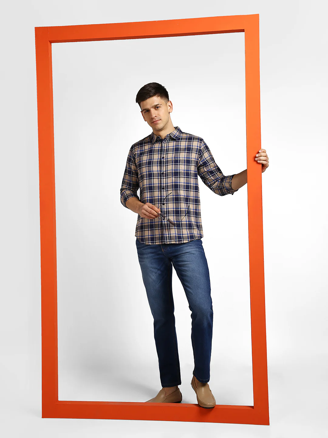 Men's Khaki Cotton Full Sleeve Slim Fit Casual Checkered Shirt - Image 4