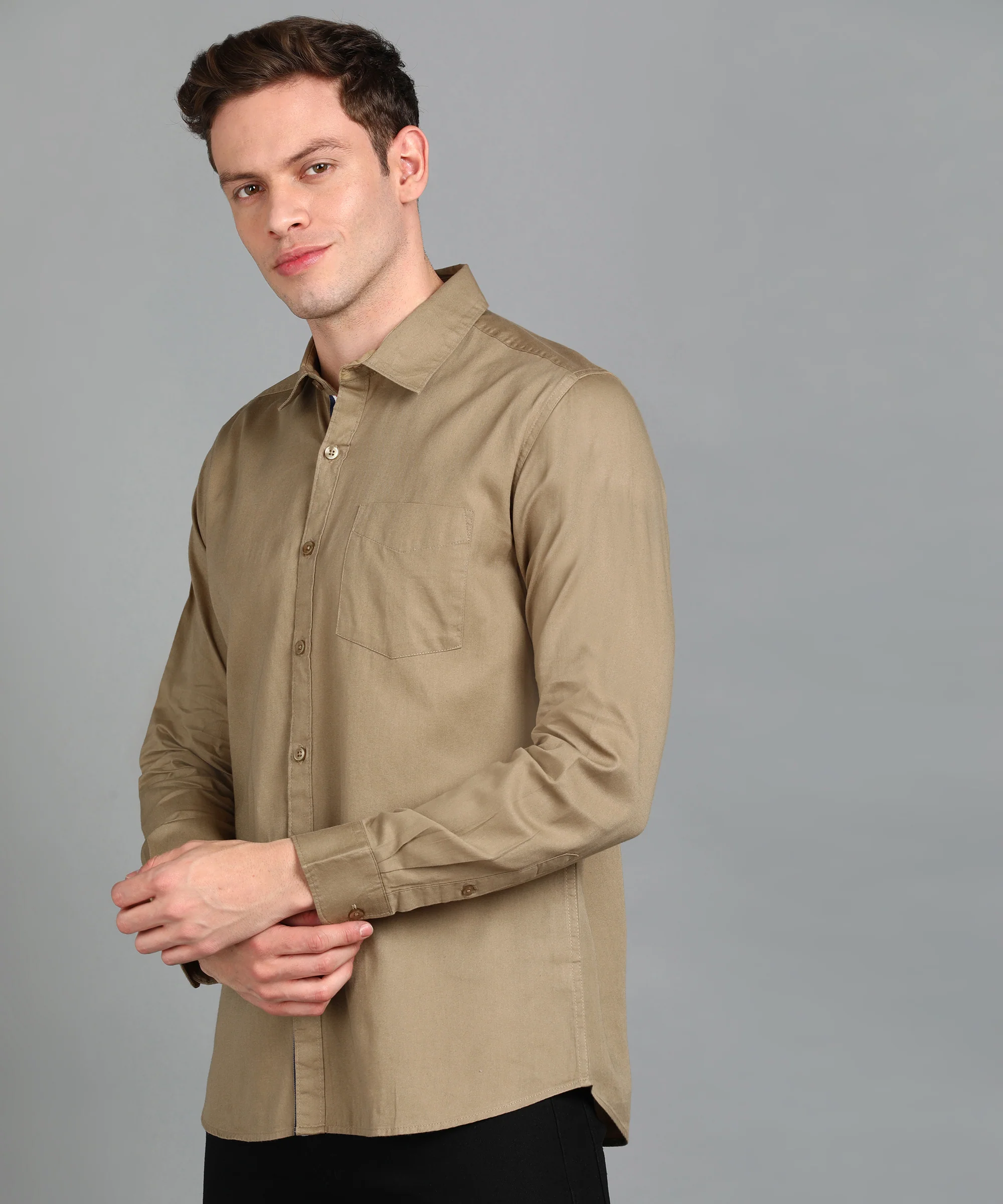 Men's Khaki Cotton Full Sleeve Slim Fit Casual Solid Shirt - Image 2