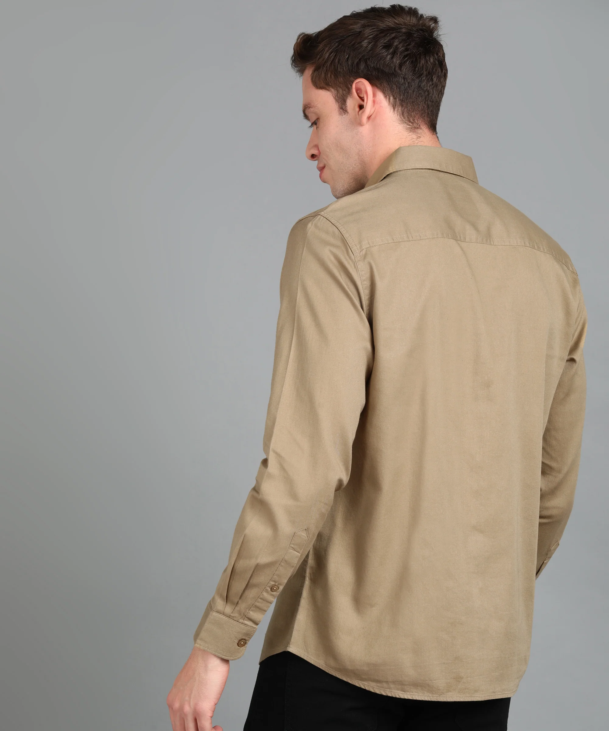 Men's Khaki Cotton Full Sleeve Slim Fit Casual Solid Shirt - Image 3