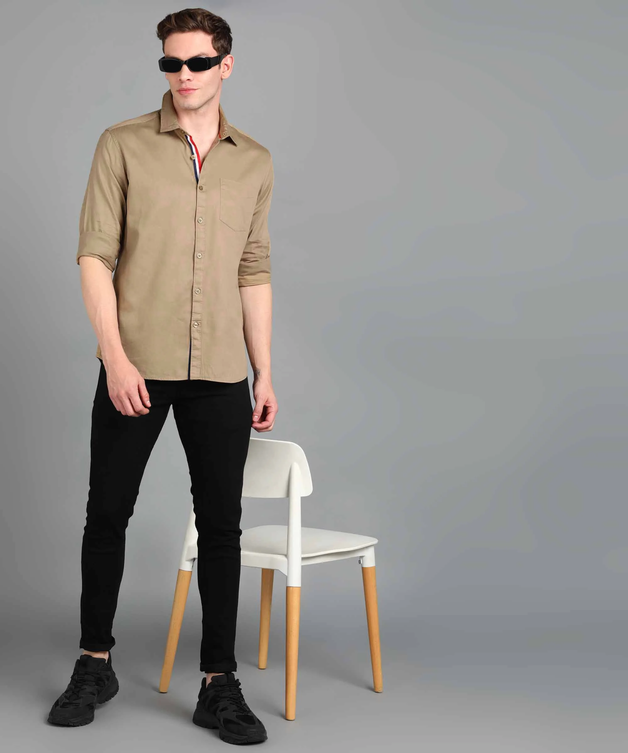 Men's Khaki Cotton Full Sleeve Slim Fit Casual Solid Shirt - Image 4
