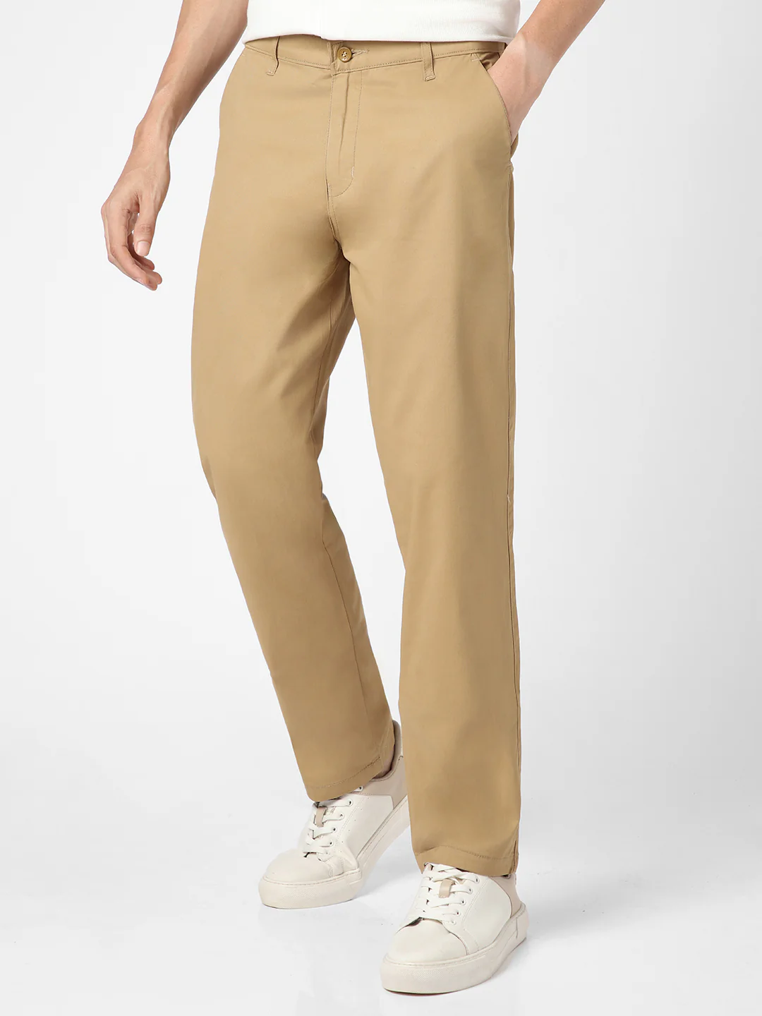 Men's Khaki Cotton Regular Fit Casual Chinos Trousers Stretch - Image 3