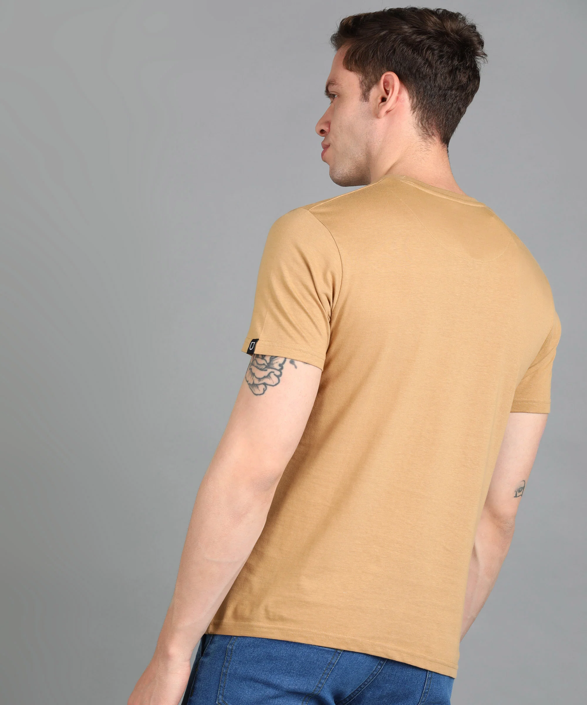 Urbano Fashion Men's Khaki Graphic Printed Round Neck Half Sleeve Slim Fit Cotton T-Shirt - Image 3