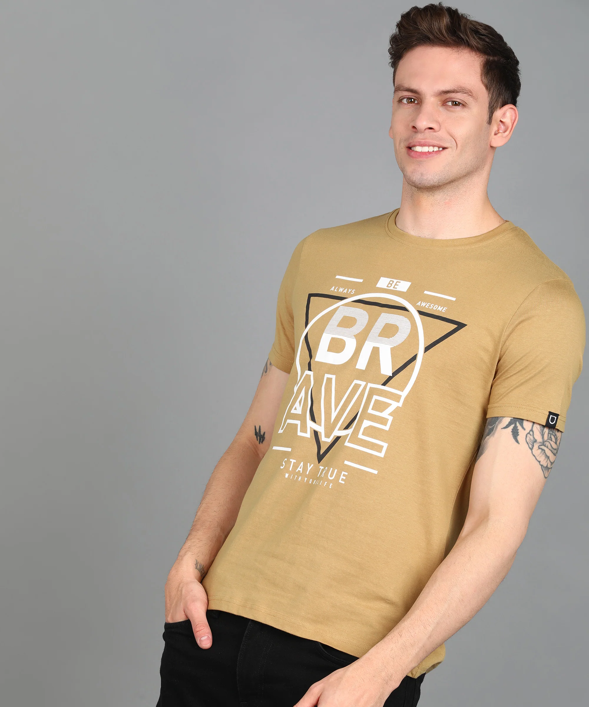 Urbano Fashion Men's Khaki Graphic Printed Round Neck Half Sleeve Slim Fit Cotton T-Shirt - Image 2