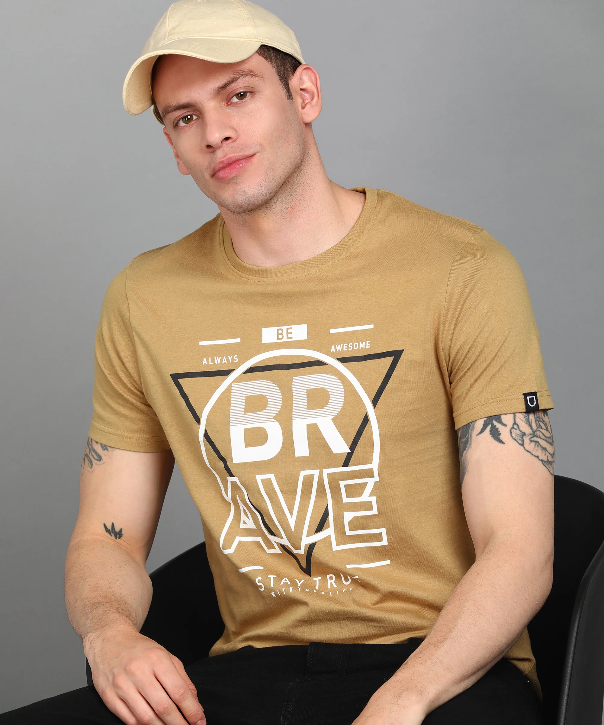 Urbano Fashion Men's Khaki Graphic Printed Round Neck Half Sleeve Slim Fit Cotton T-Shirt - Image 4