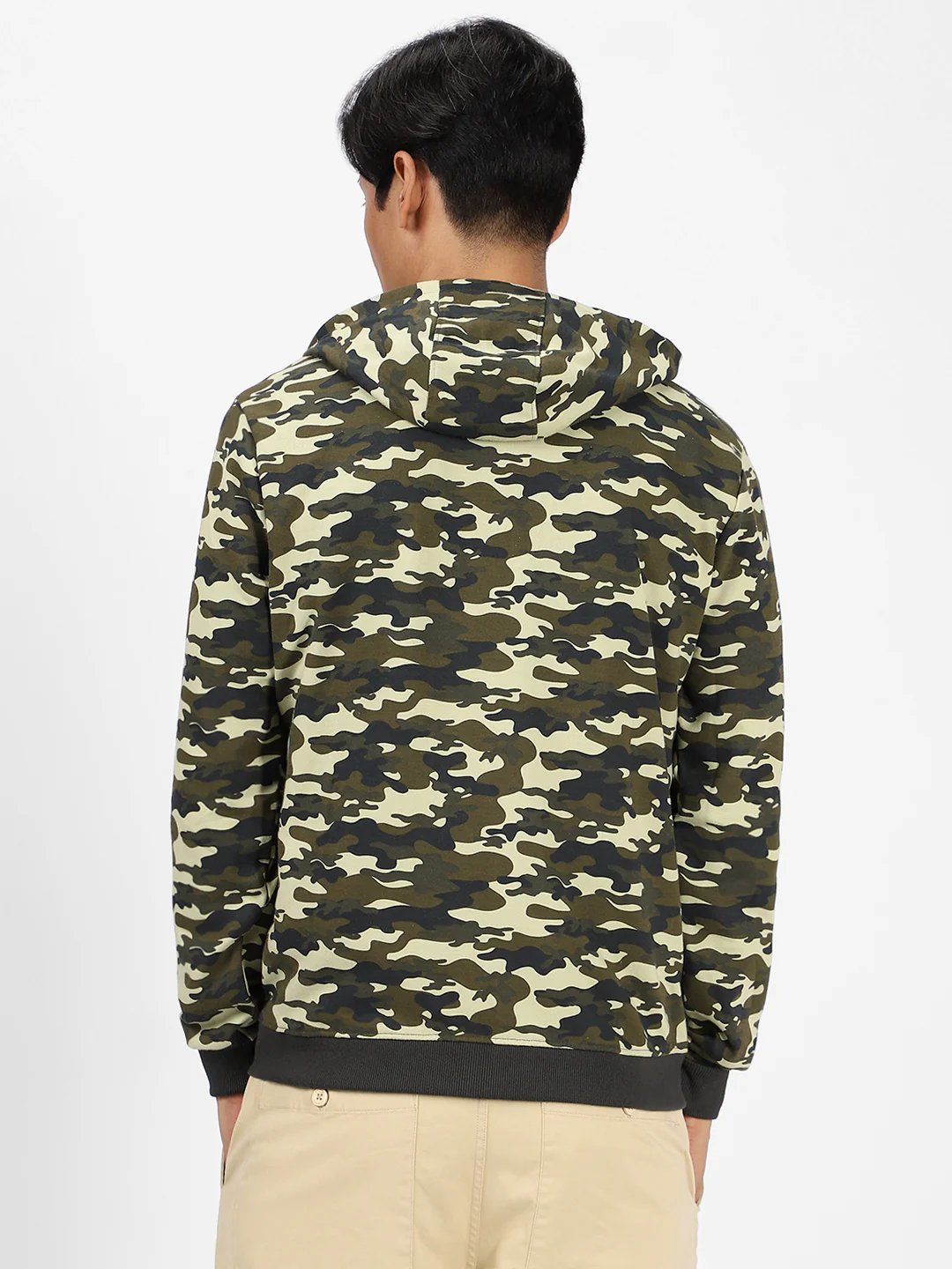 Men's Khaki Green Regular Fit Camouflage Printed Full Sleeve Casual Hooded Sweatshirt - Image 3