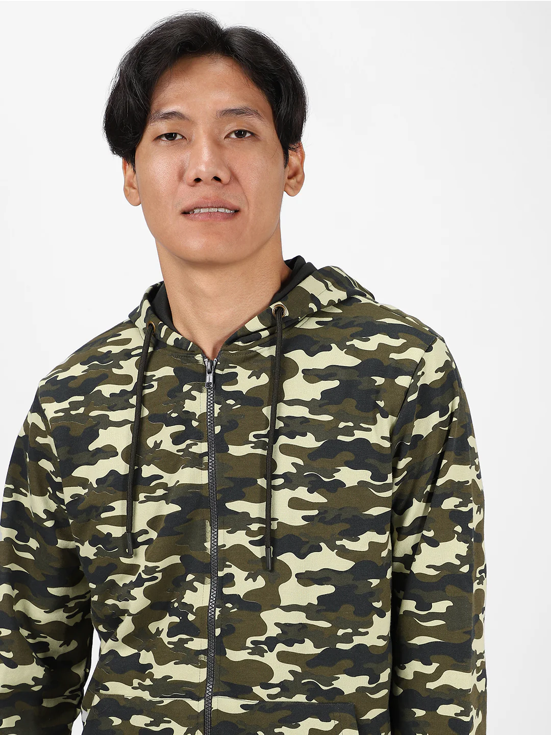 Men's Khaki Green Regular Fit Camouflage Printed Full Sleeve Casual Hooded Sweatshirt - Image 5