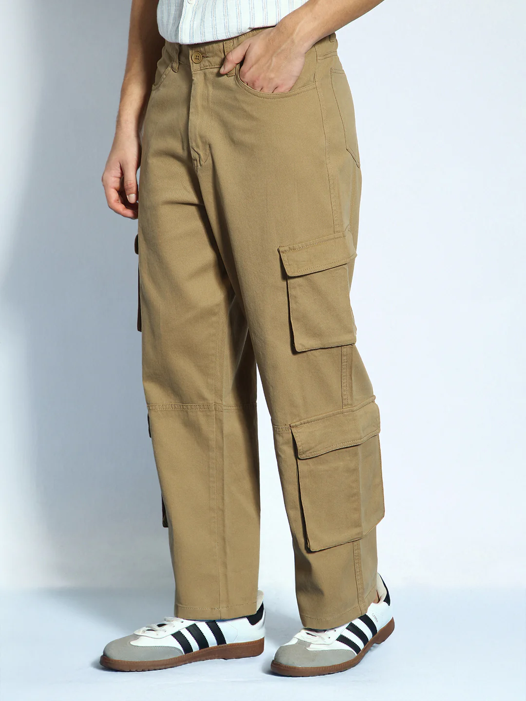 Men's Khaki Loose Baggy Fit Cargo Chino Pant with 8 Pockets Stretchable - Image 3