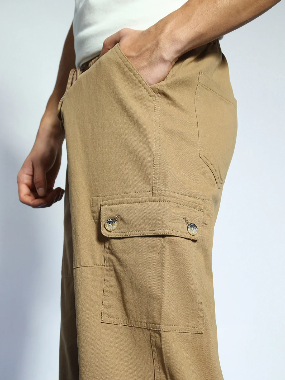 Men's Khaki Loose Baggy Fit Cargo Jogger Chino Pant with 6 Pockets Stretchable - Image 5