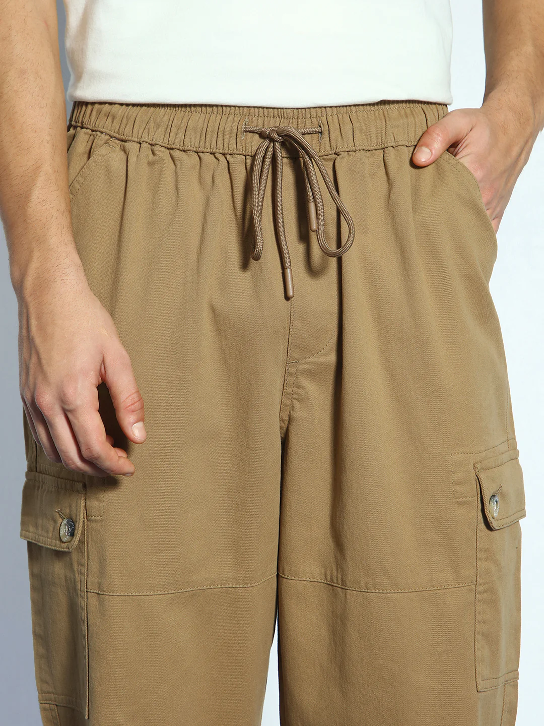 Men's Khaki Loose Baggy Fit Cargo Jogger Chino Pant with 6 Pockets Stretchable - Image 6