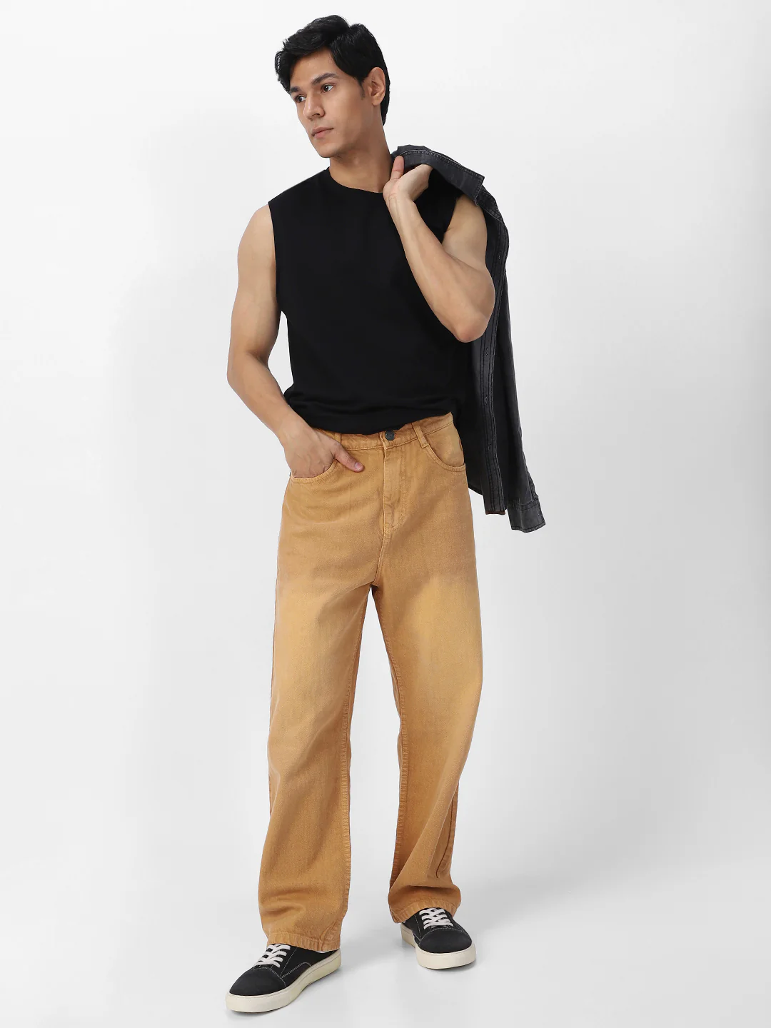 Men's Khaki Loose Baggy Fit Washed Jeans Non-Stretchable - Image 5