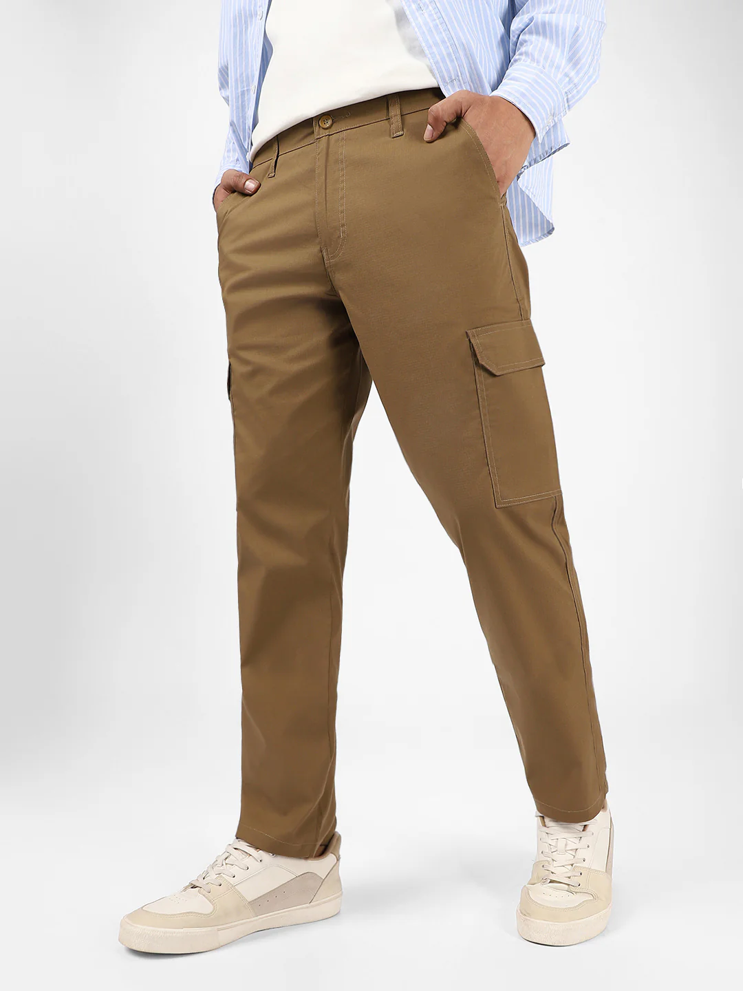 Men's Khaki Regular Fit Solid Cargo Chino Pant With 6 Pockets - Image 2