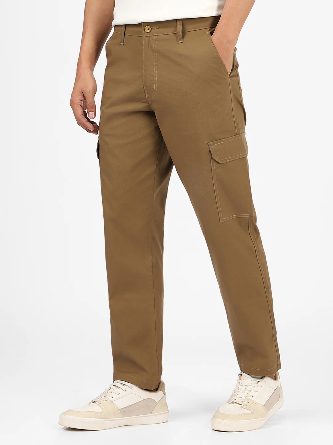 Men's Khaki Regular Fit Solid Cargo Chino Pant With 6 Pockets - Image 3
