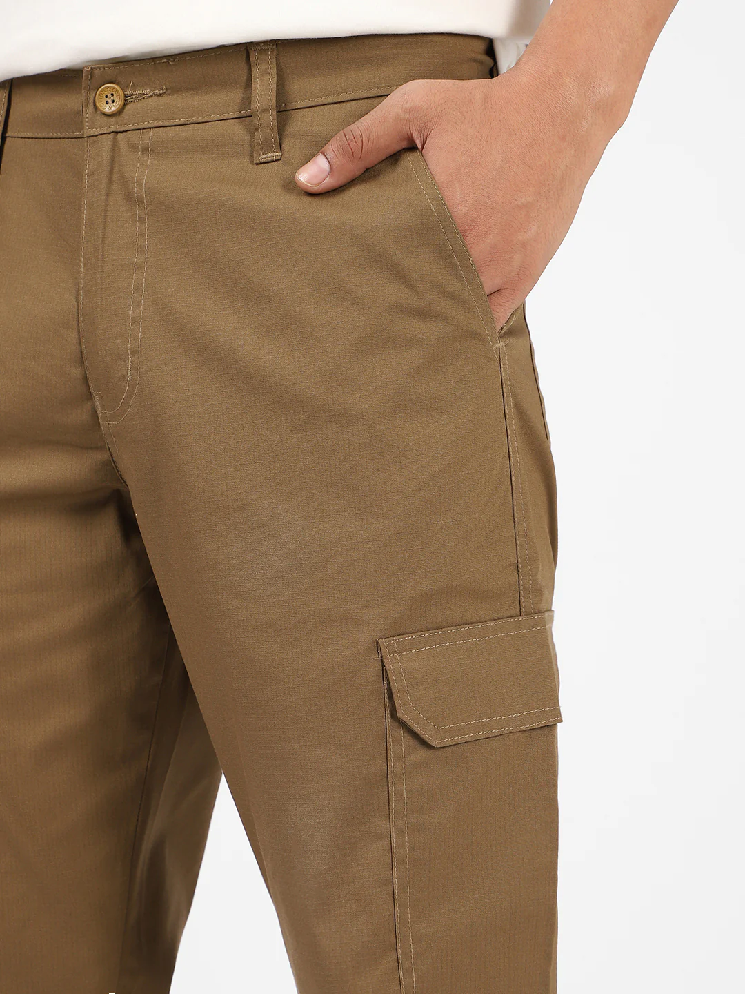 Men's Khaki Regular Fit Solid Cargo Chino Pant With 6 Pockets - Image 6