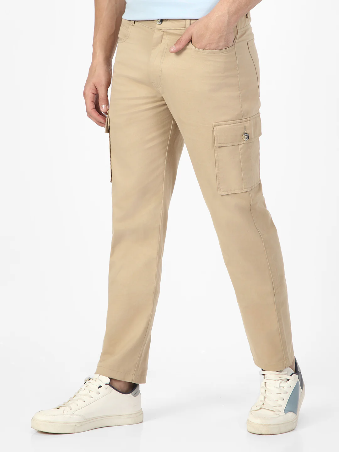 Men's Khaki Regular Fit Solid Cargo Chino Pant with 6 Pockets Stretchable - Image 2
