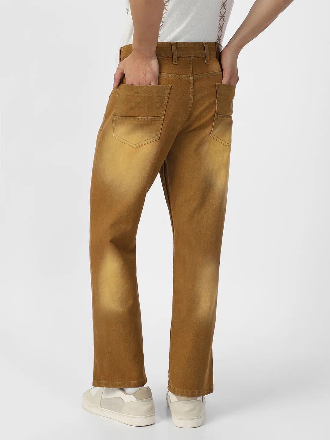 Men's Khaki Regular Fit Washed Jeans Stretchable - Image 3
