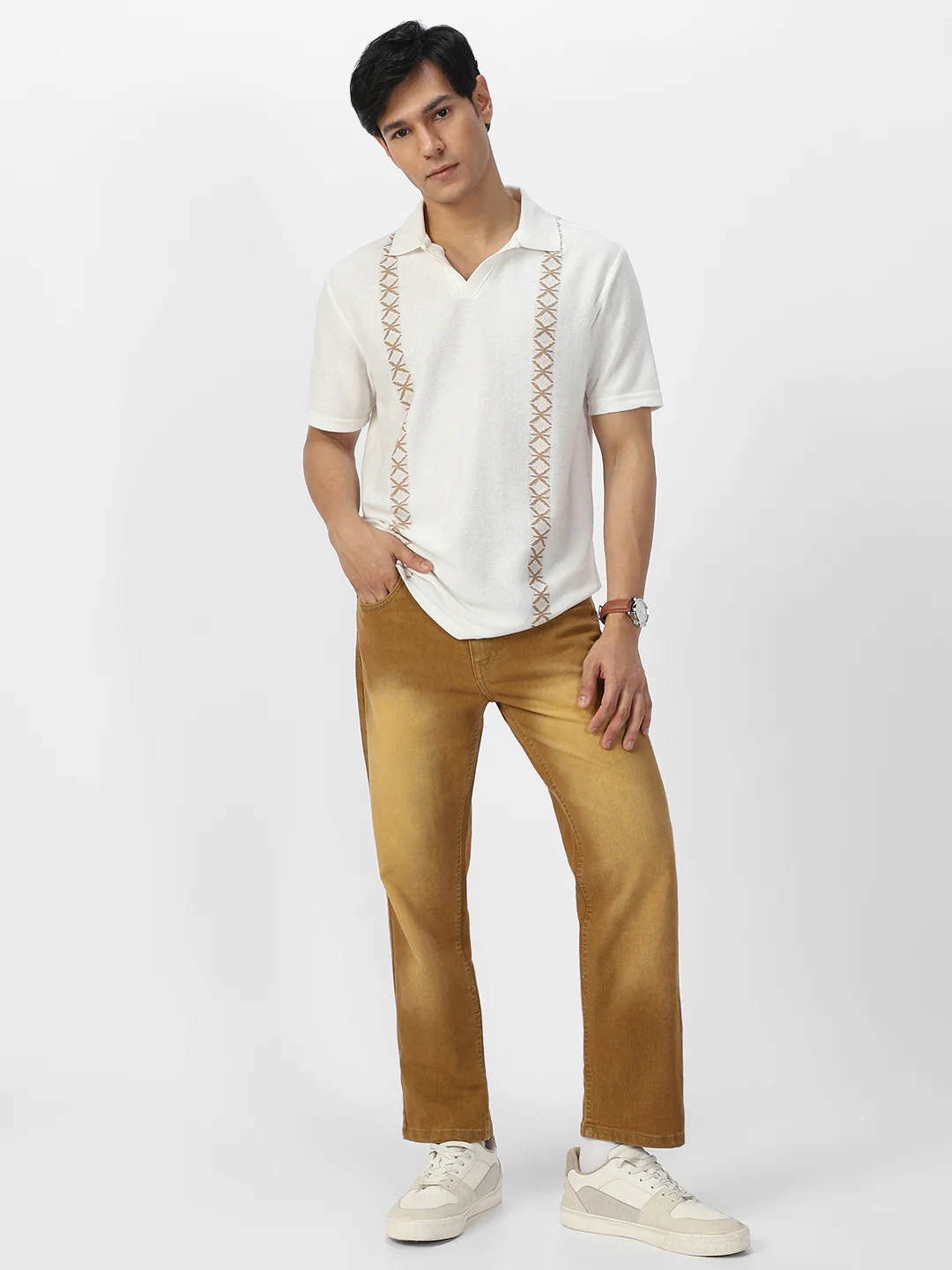 Men's Khaki Regular Fit Washed Jeans Stretchable - Image 4