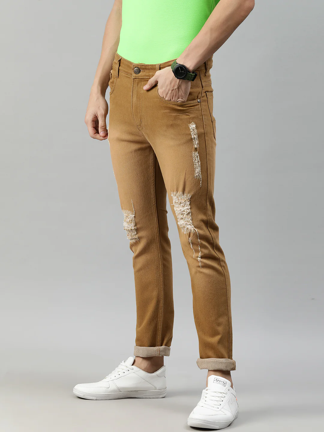 Men's Khaki Slim Fit Heavy Distressed/Torn Jeans - Image 2