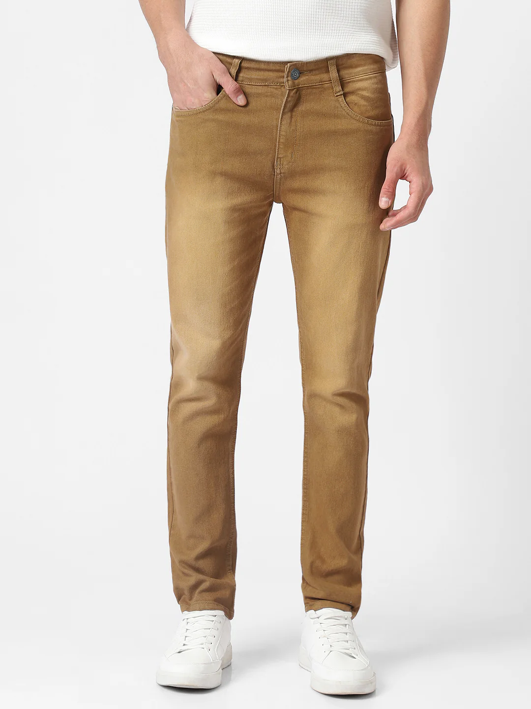 Men's Khaki Slim Fit Washed Jeans Stretchable - Image 2