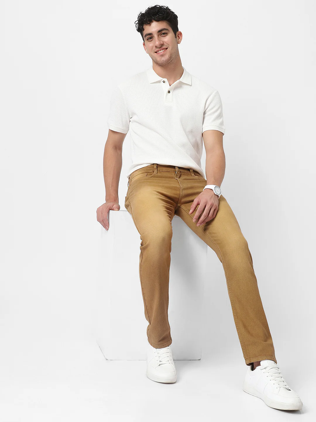 Men's Khaki Slim Fit Washed Jeans Stretchable - Image 5