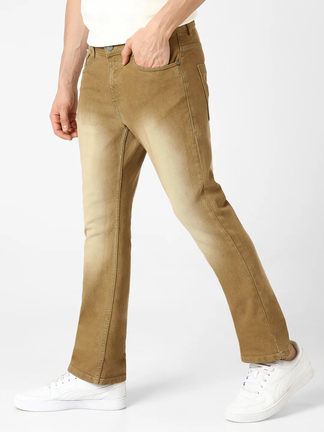 Men's Khaki Washed Bootcut Jeans Stretchable - Image 2