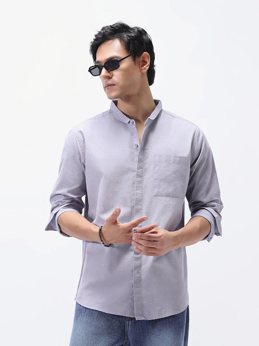 Men's Lavender Cotton Full Sleeve Regular Fit Casual Solid Shirt with Band Collar