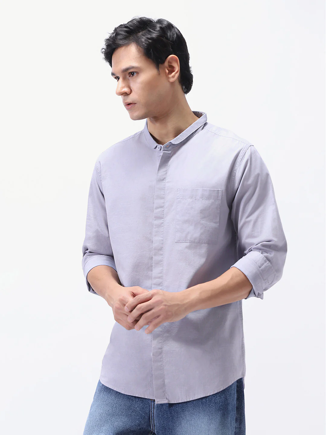 Men's Lavender Cotton Full Sleeve Regular Fit Casual Solid Shirt with Band Collar - Image 2