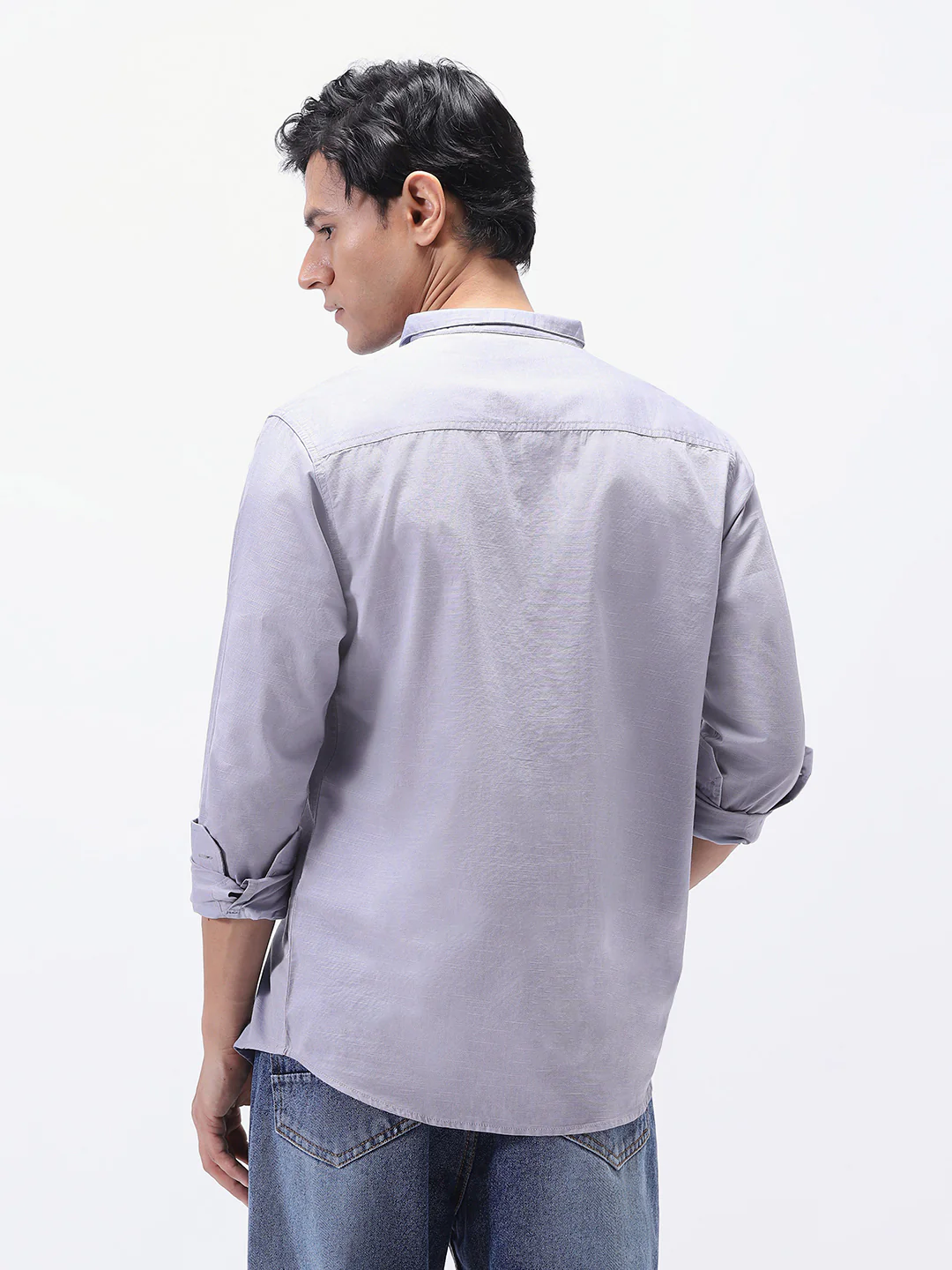Men's Lavender Cotton Full Sleeve Regular Fit Casual Solid Shirt with Band Collar - Image 3