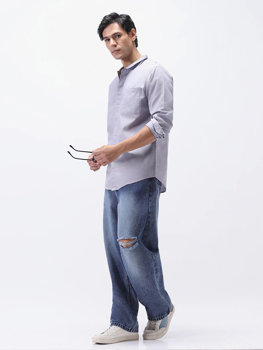 Men's Lavender Cotton Full Sleeve Regular Fit Casual Solid Shirt with Band Collar - Image 4