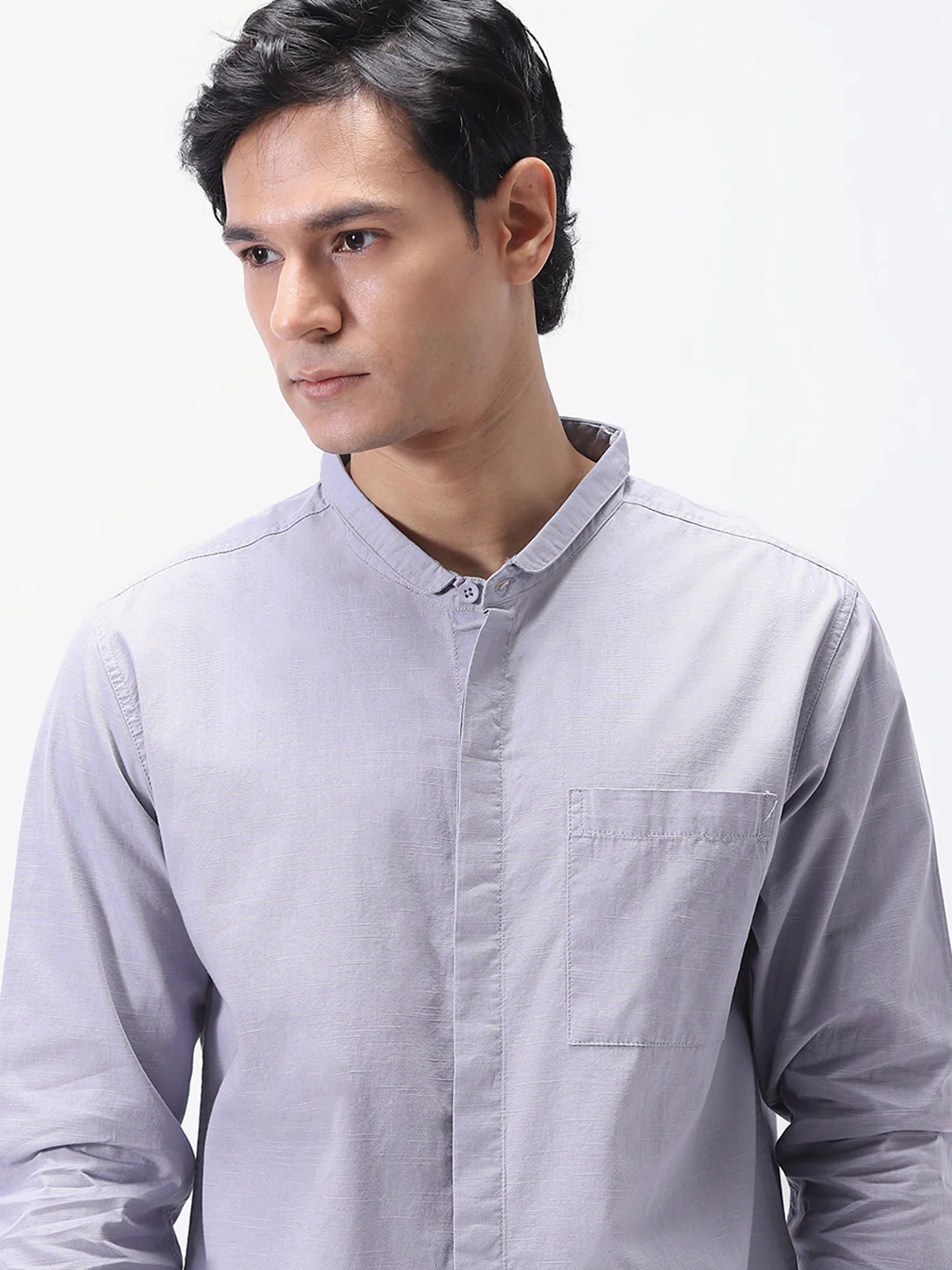 Men's Lavender Cotton Full Sleeve Regular Fit Casual Solid Shirt with Band Collar - Image 5