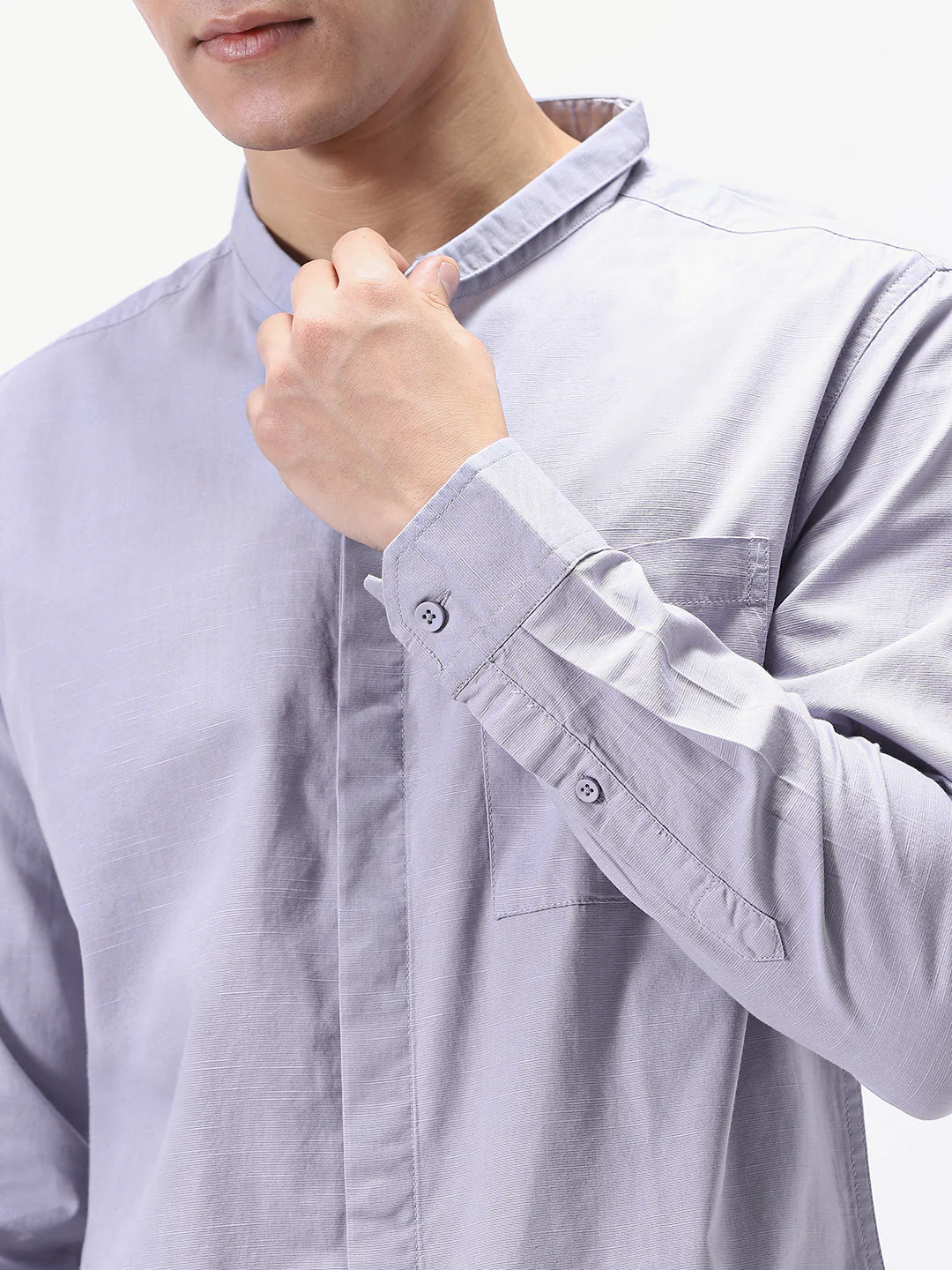 Men's Lavender Cotton Full Sleeve Regular Fit Casual Solid Shirt with Band Collar - Image 6