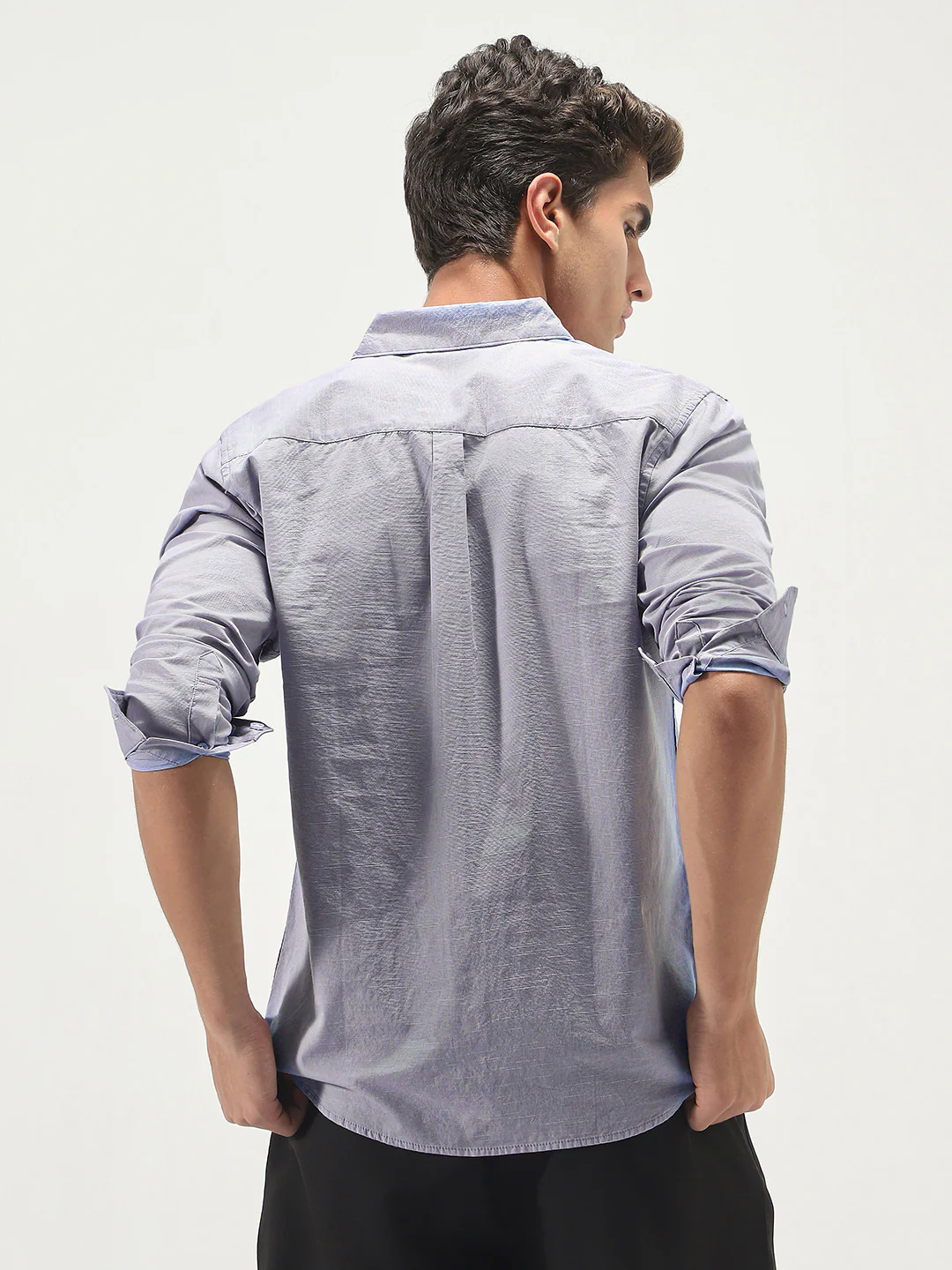 Men's Lavender Cotton Full Sleeve Regular Fit Casual Solid Slub Shirt with Spread Collar - Image 3