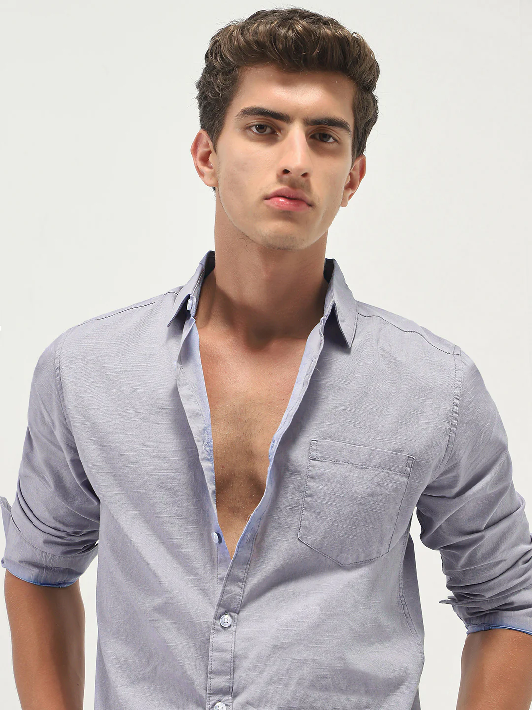Men's Lavender Cotton Full Sleeve Regular Fit Casual Solid Slub Shirt with Spread Collar - Image 5